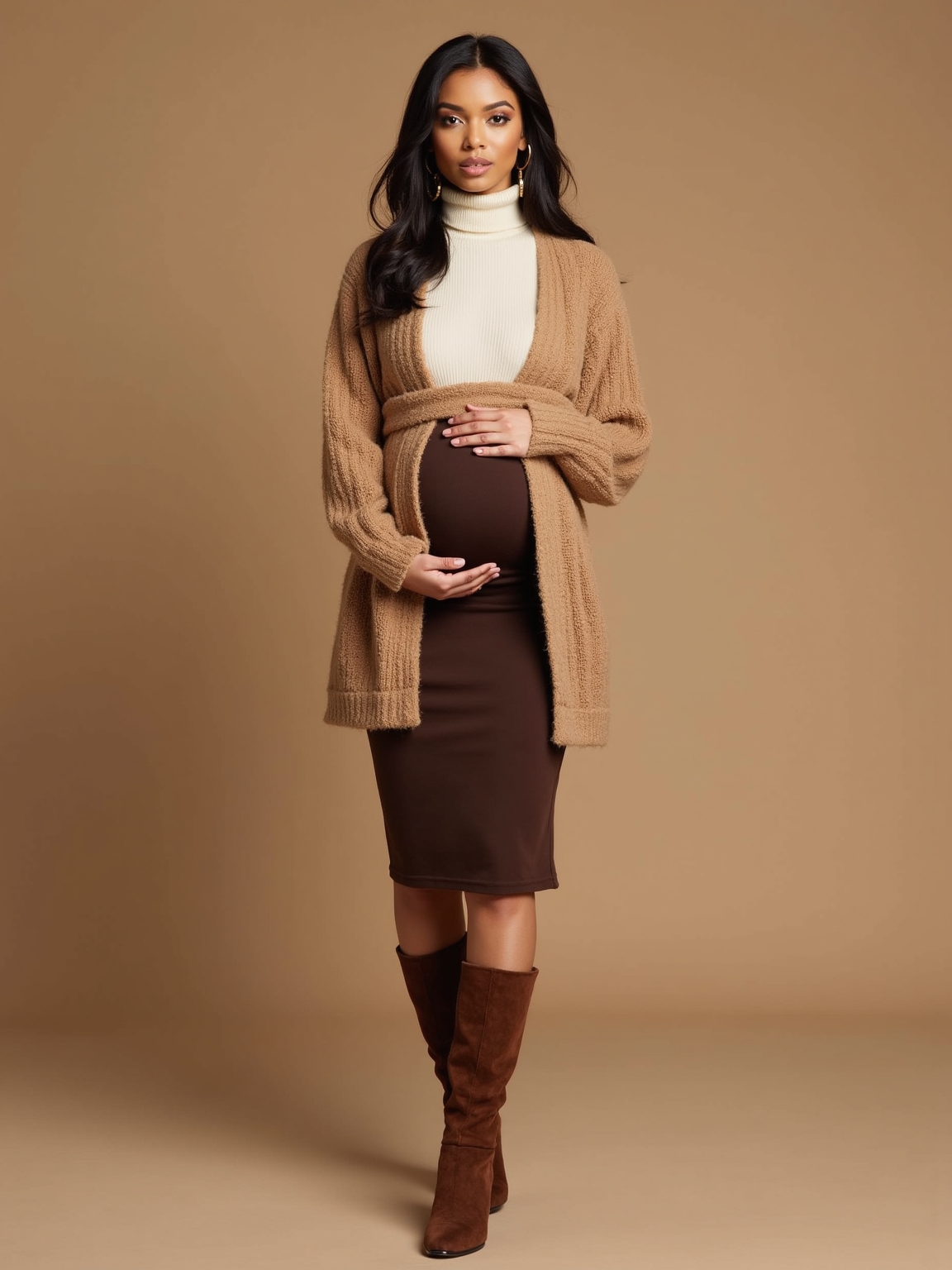 belted cardigan accentuating bump