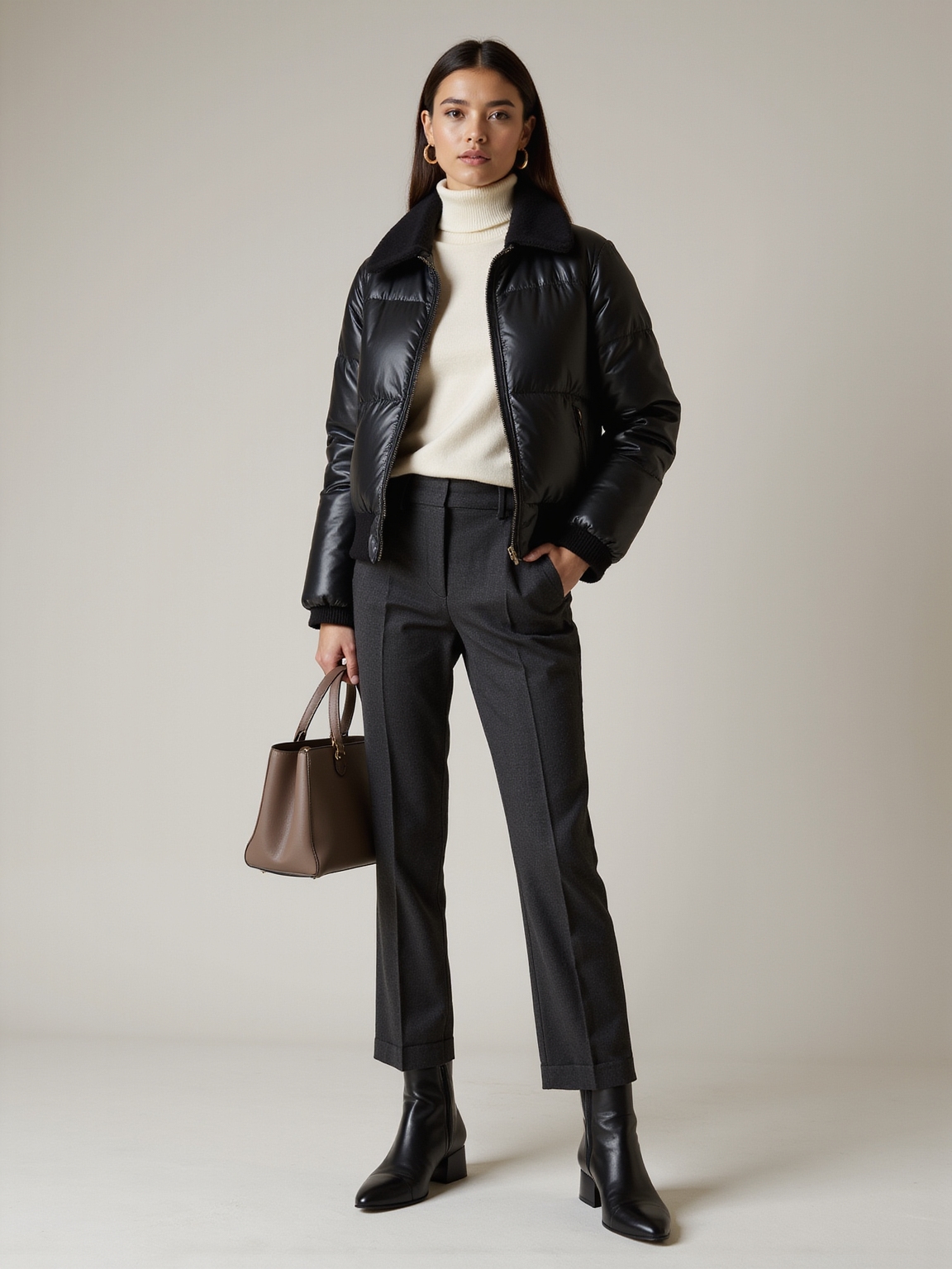 belted puffer over tailoring
