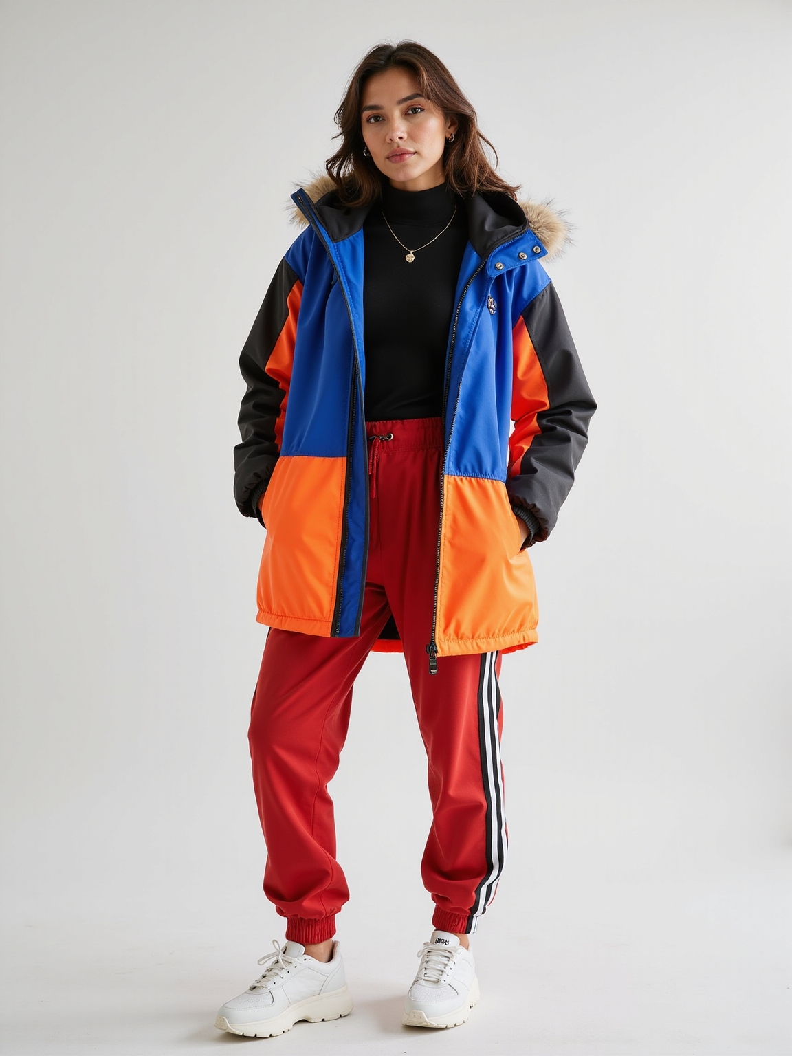 bold citrus color block outerwear
