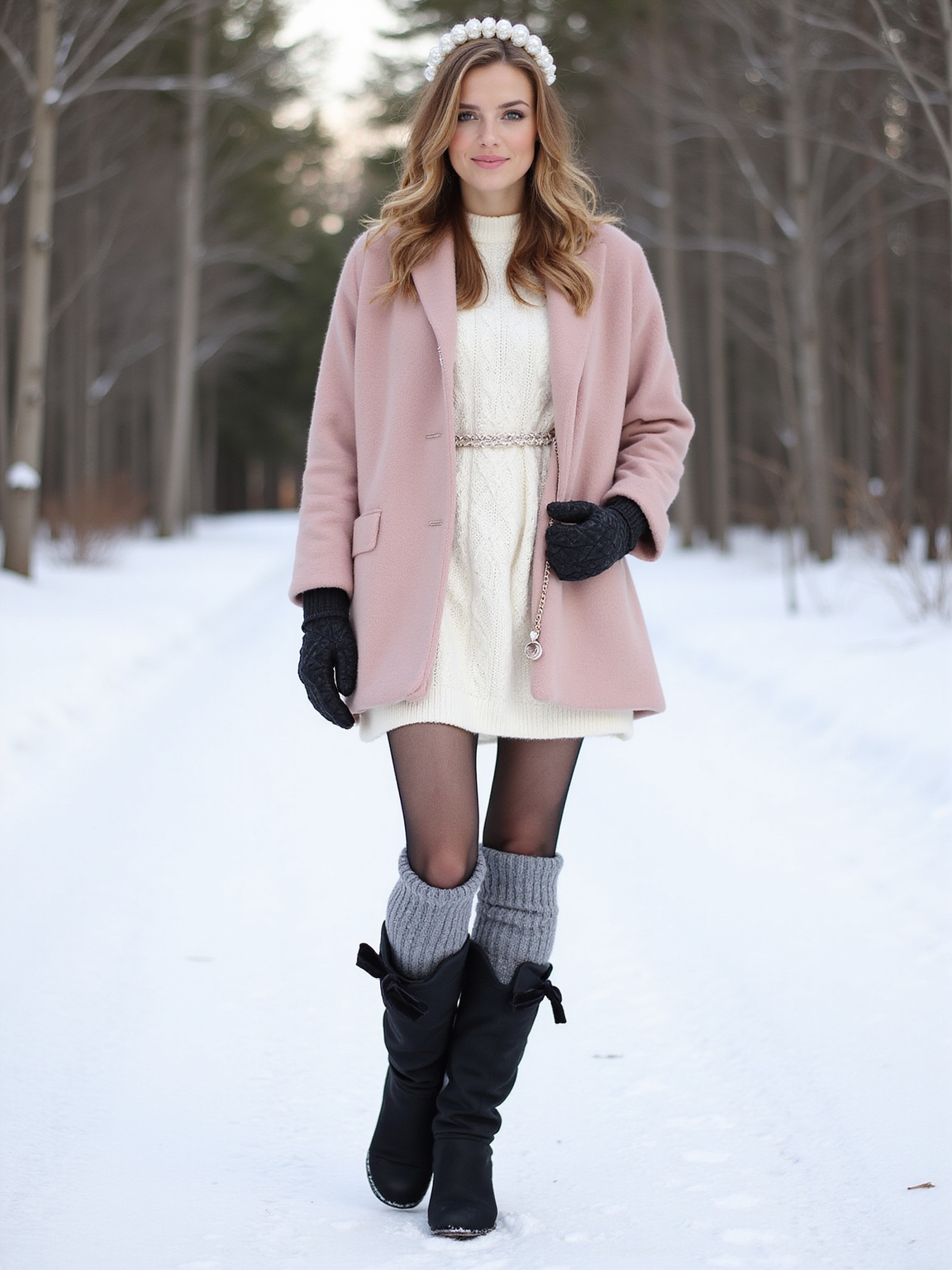 bow topped snow boots with legwarmers
