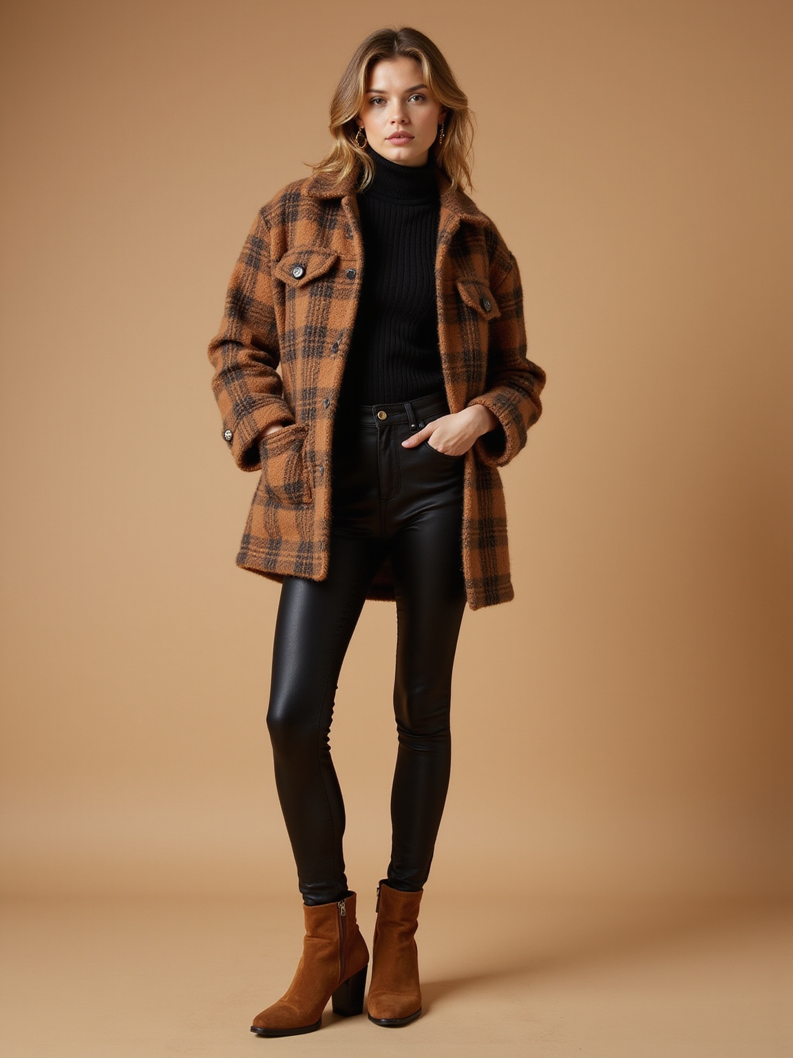 brown plaid shacket ensemble feel