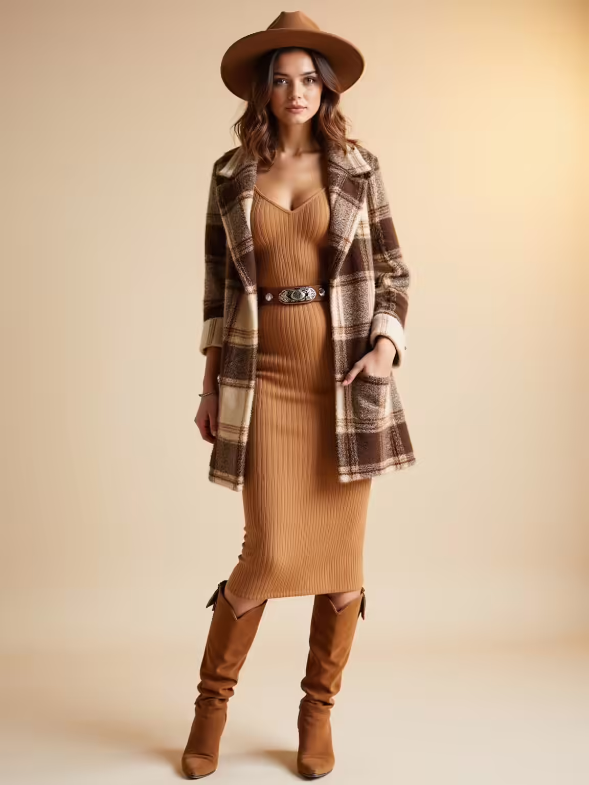 brushed plaid shacket over ribbed knit