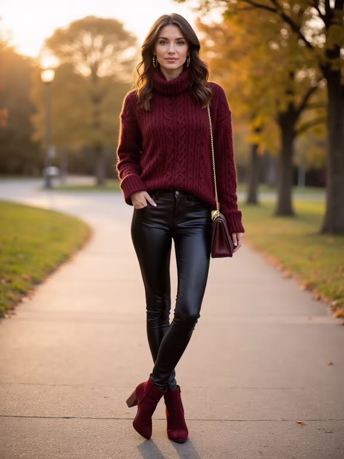 burgundy cable knit with faux leather