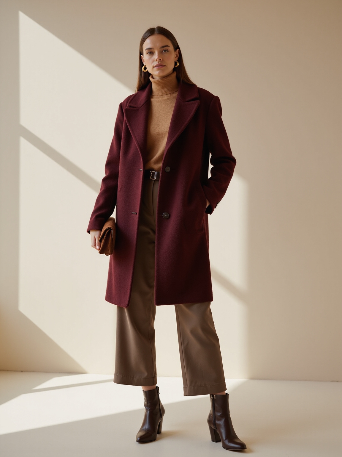burgundy coat with neutrals