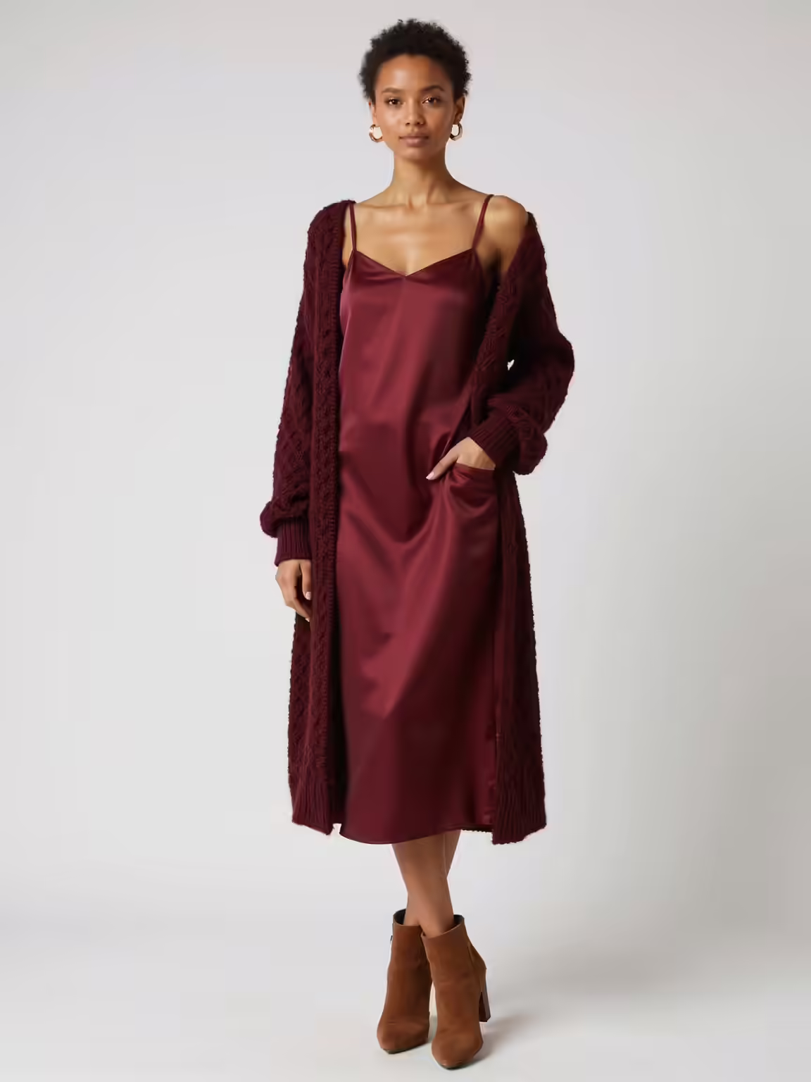burgundy slip with cardigan