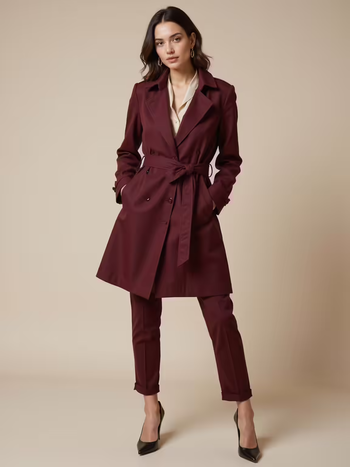 burgundy trench over silk