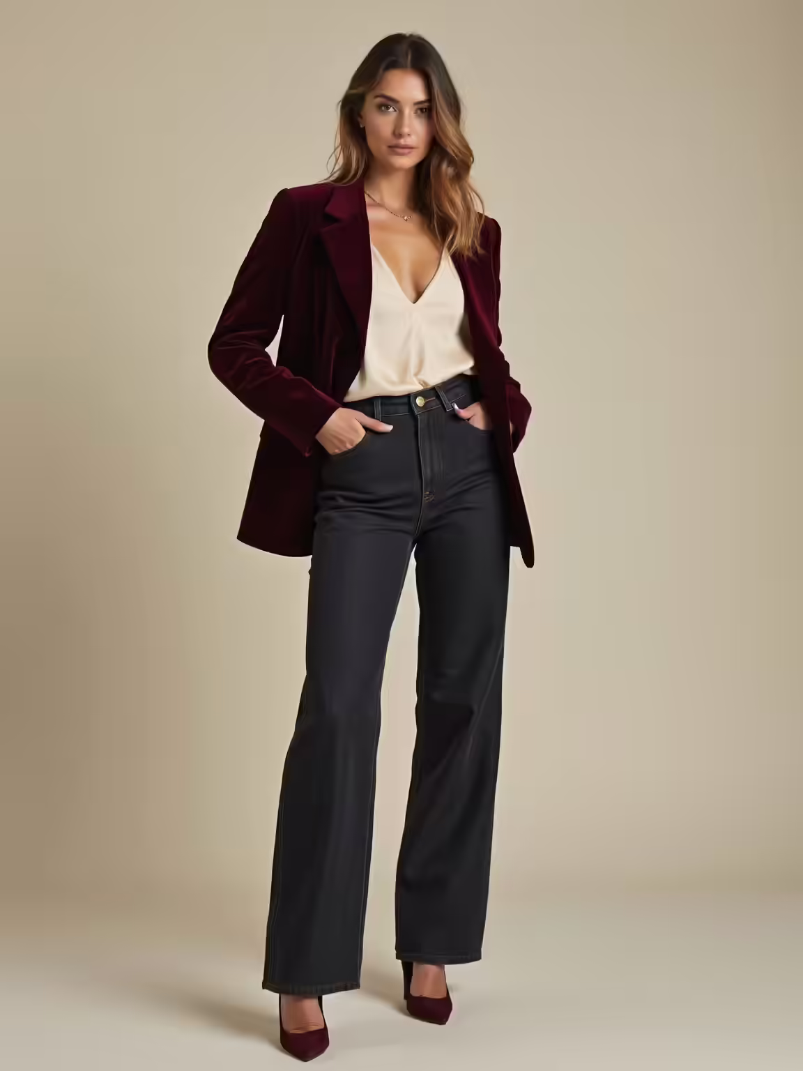 burgundy velvet blazer ensemble