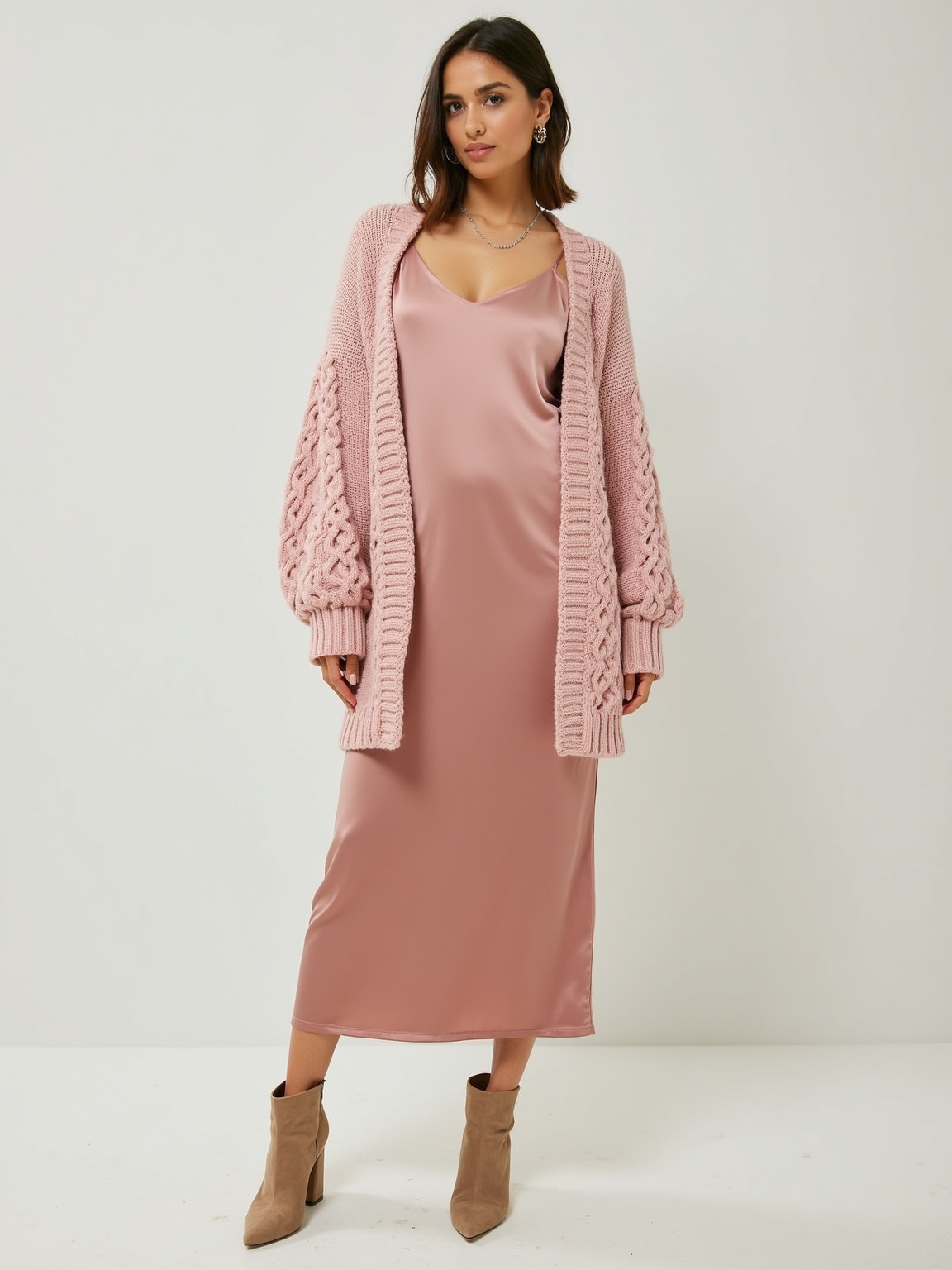 cable knit cardigan over slip