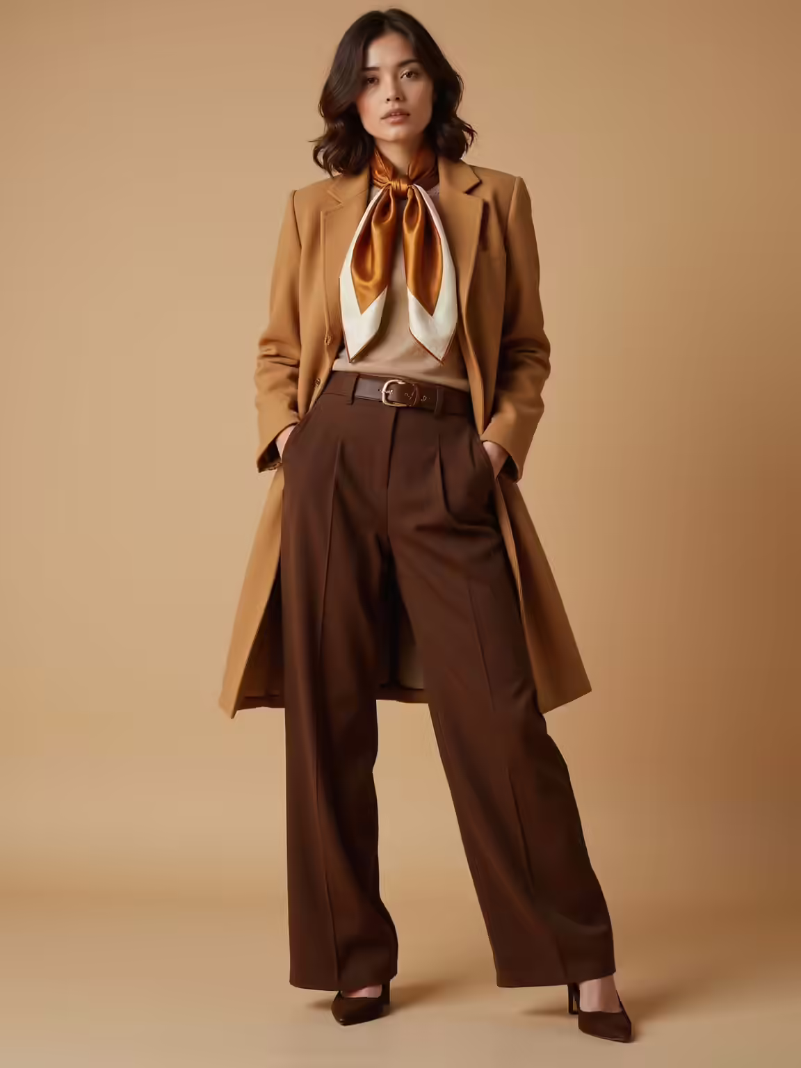 camel coat silk scarf