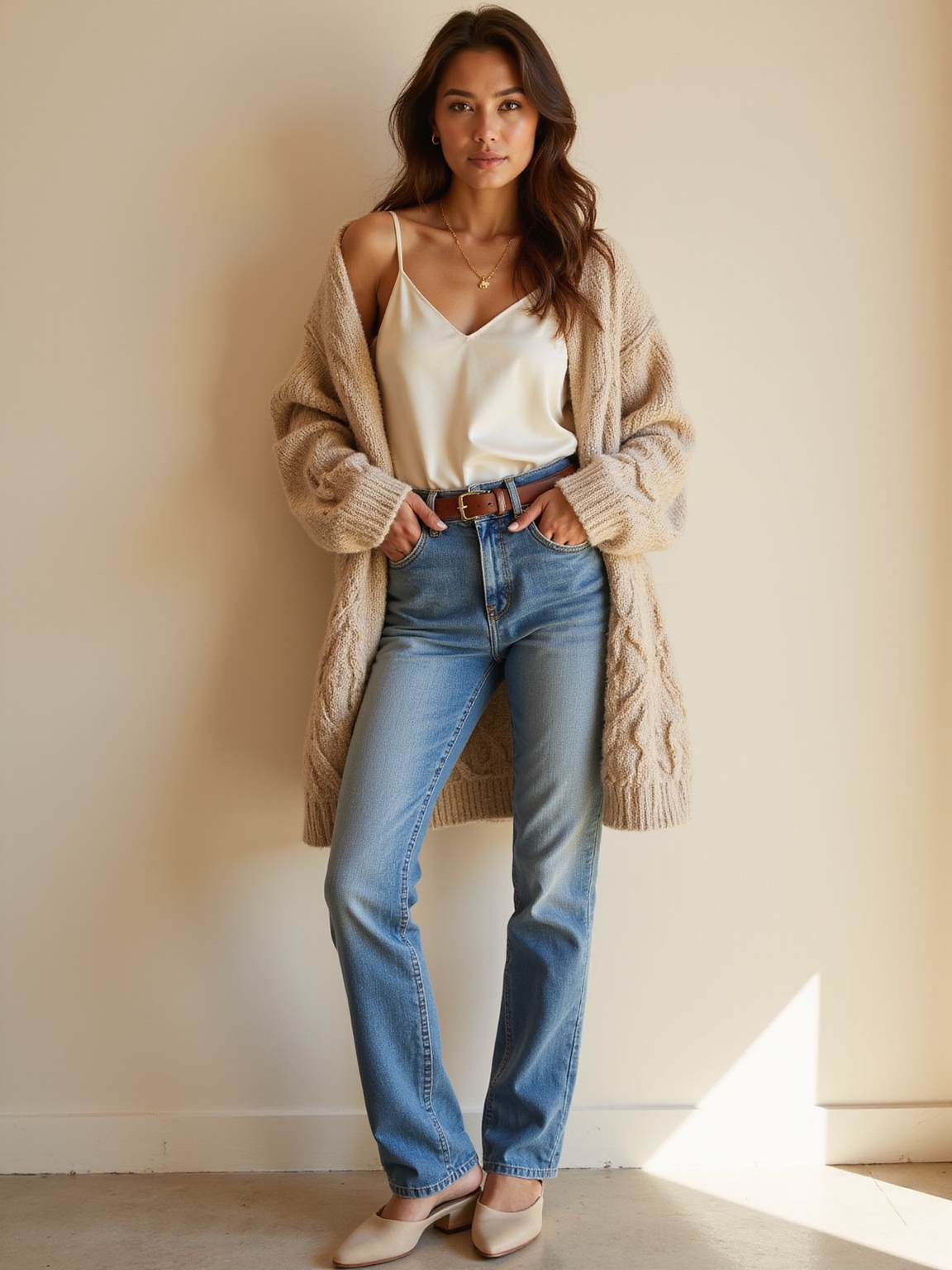 camisole chunky cardigan jeans