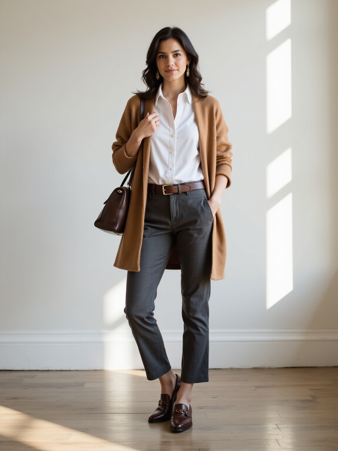 caramel cardigan over oxford