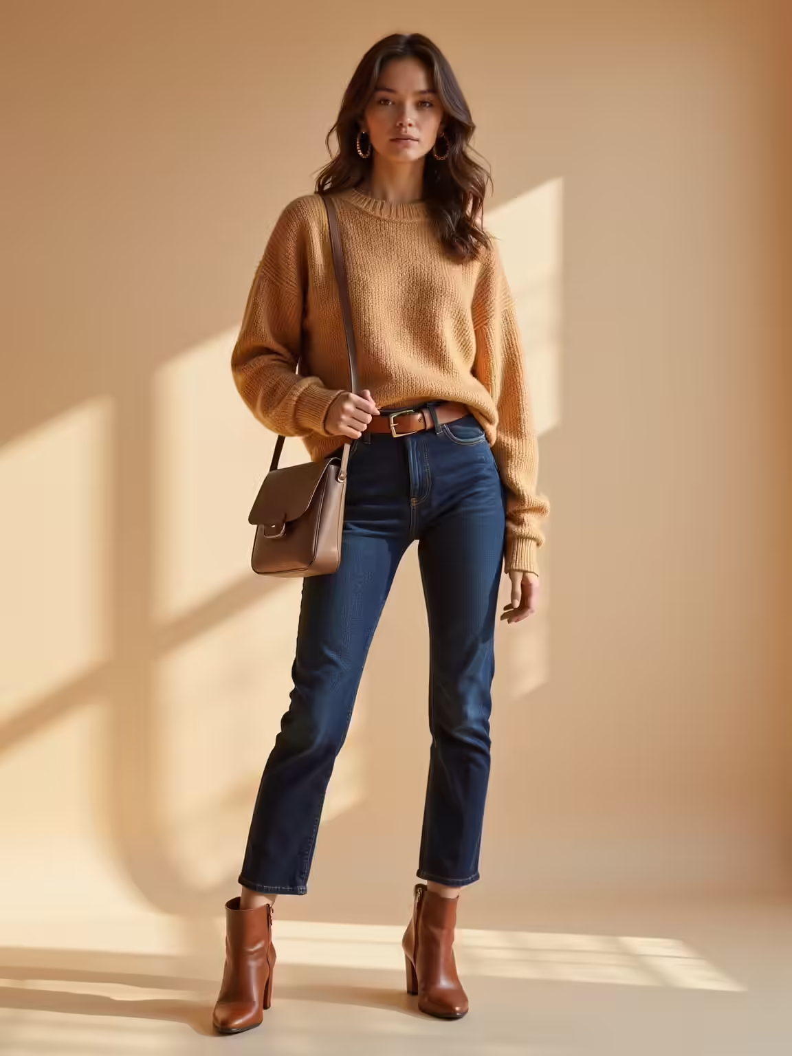 caramel sweater dark denim