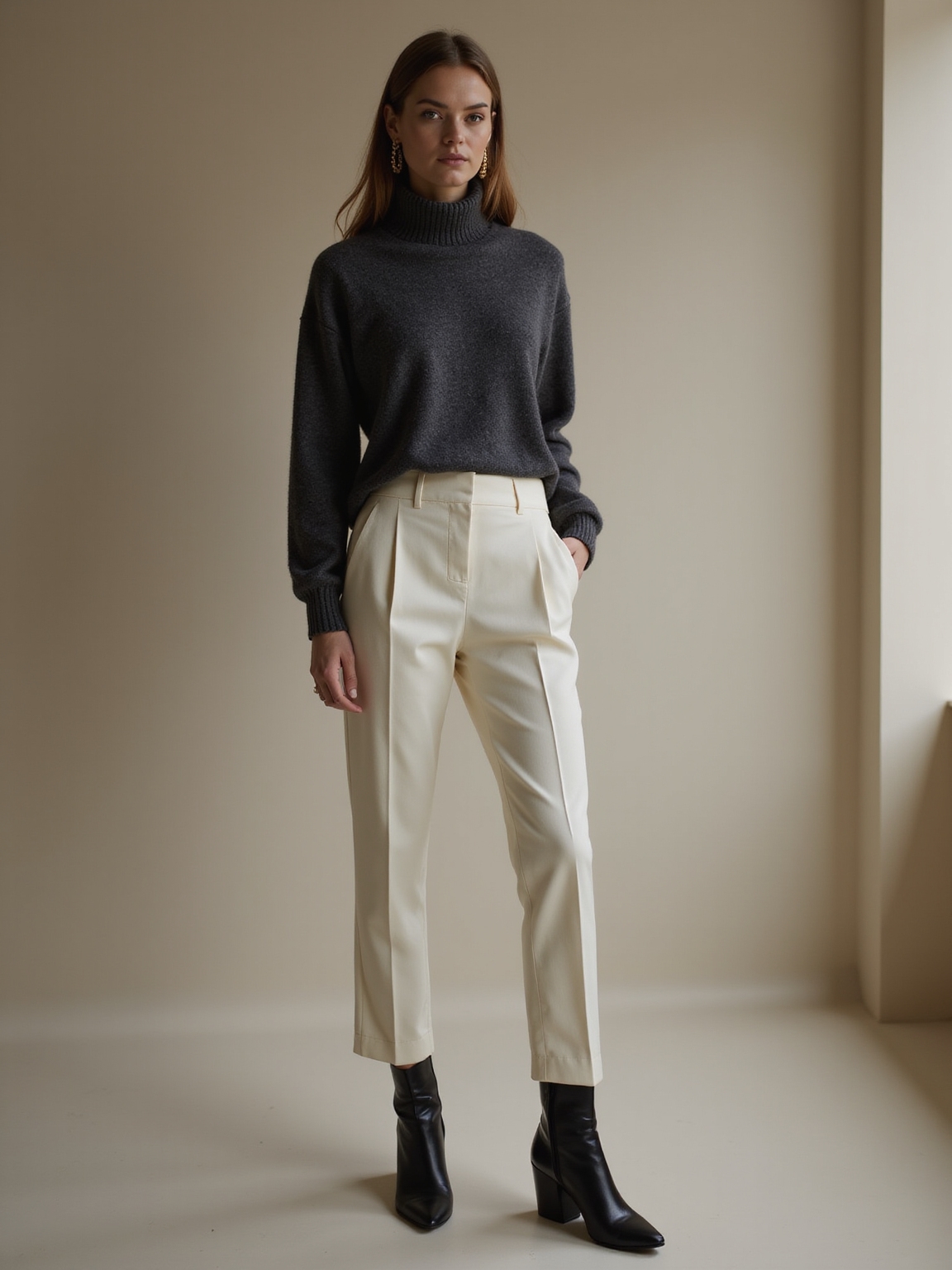 cashmere turtleneck with trousers