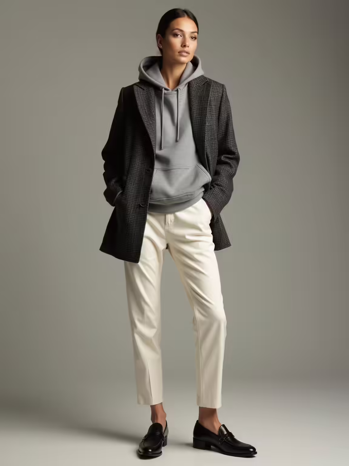 charcoal hoodie beneath houndstooth blazer