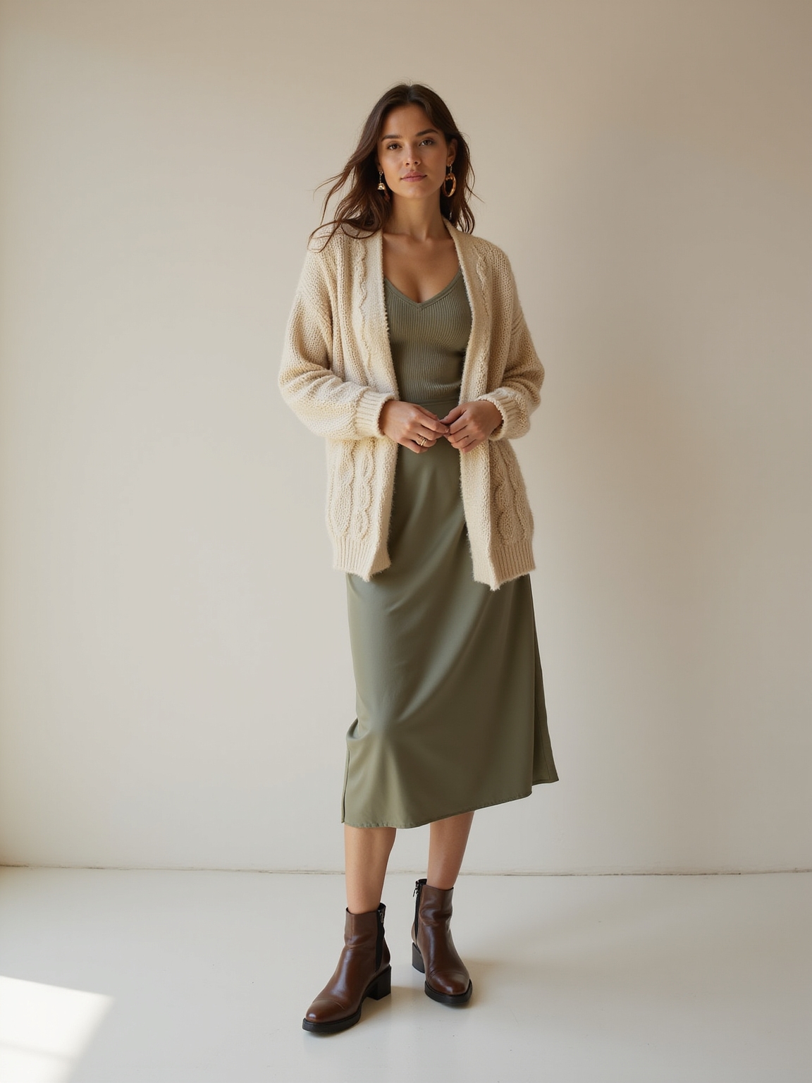 chunky cardigan over slipskirt