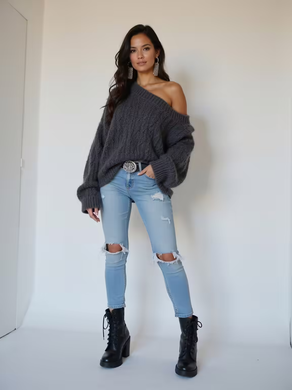 chunky sweater ripped jeans