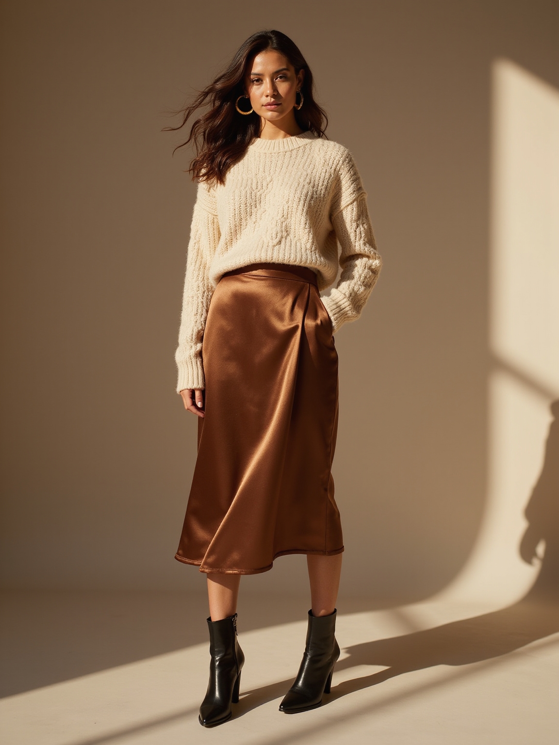 chunky sweater silk skirt