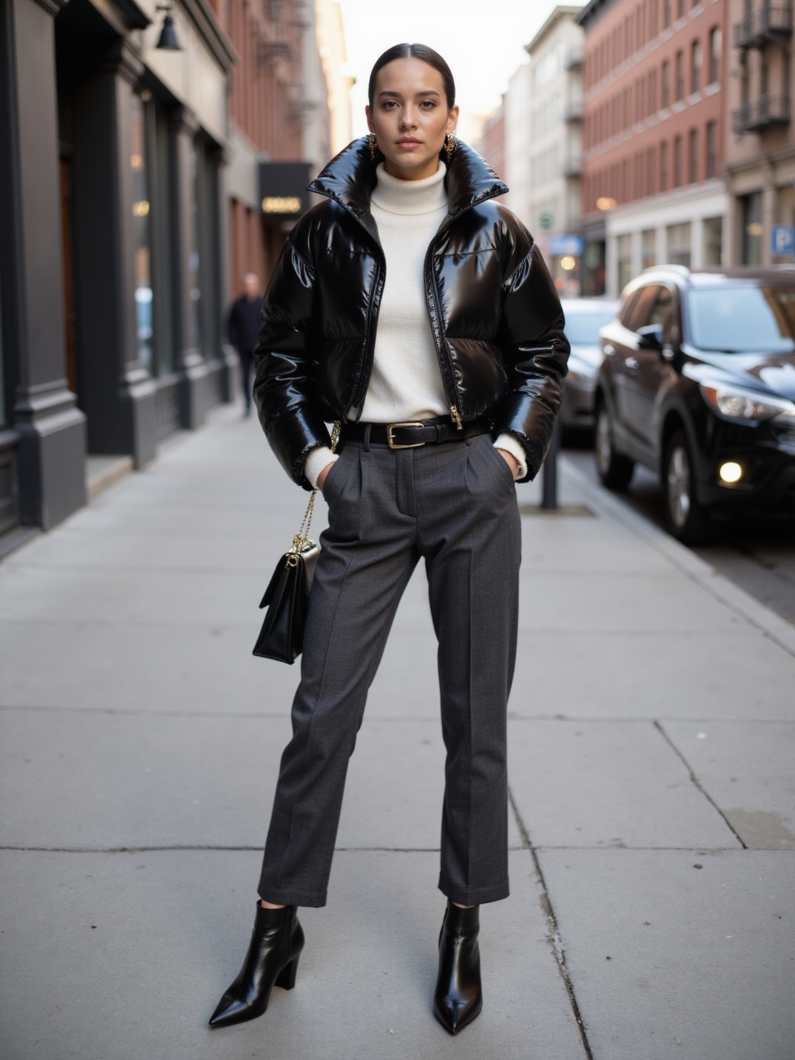 cinched monochrome metallic glint puffer