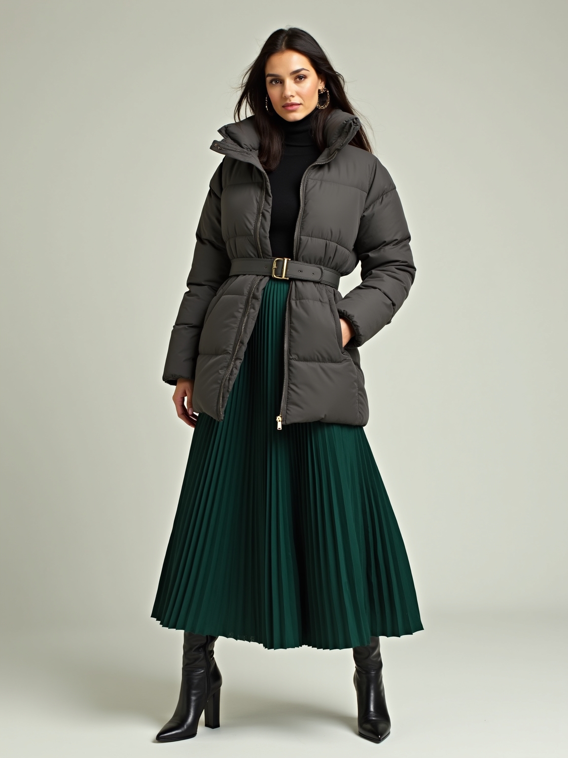 cinched waist pleated maxi silhouette