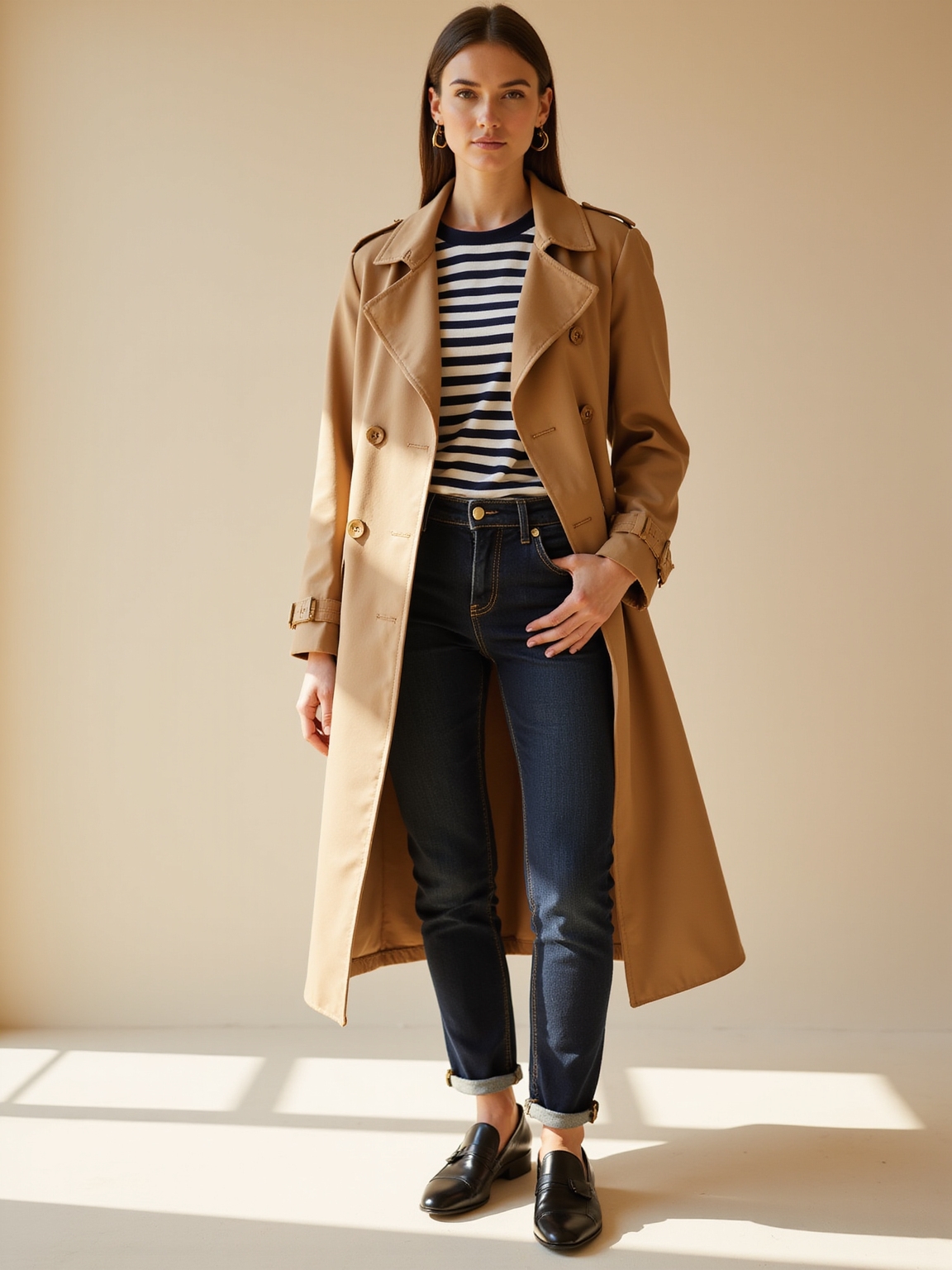 classic striped trench ensemble