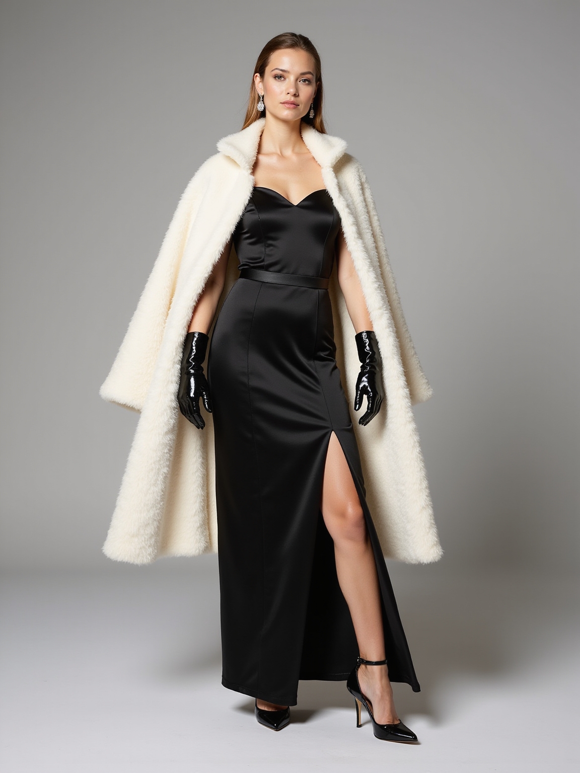 column gown satin gloves cape