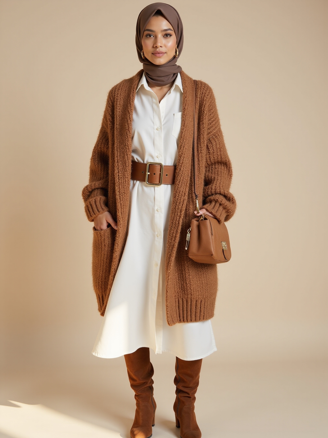 crisp shirt dress chunky cardigan
