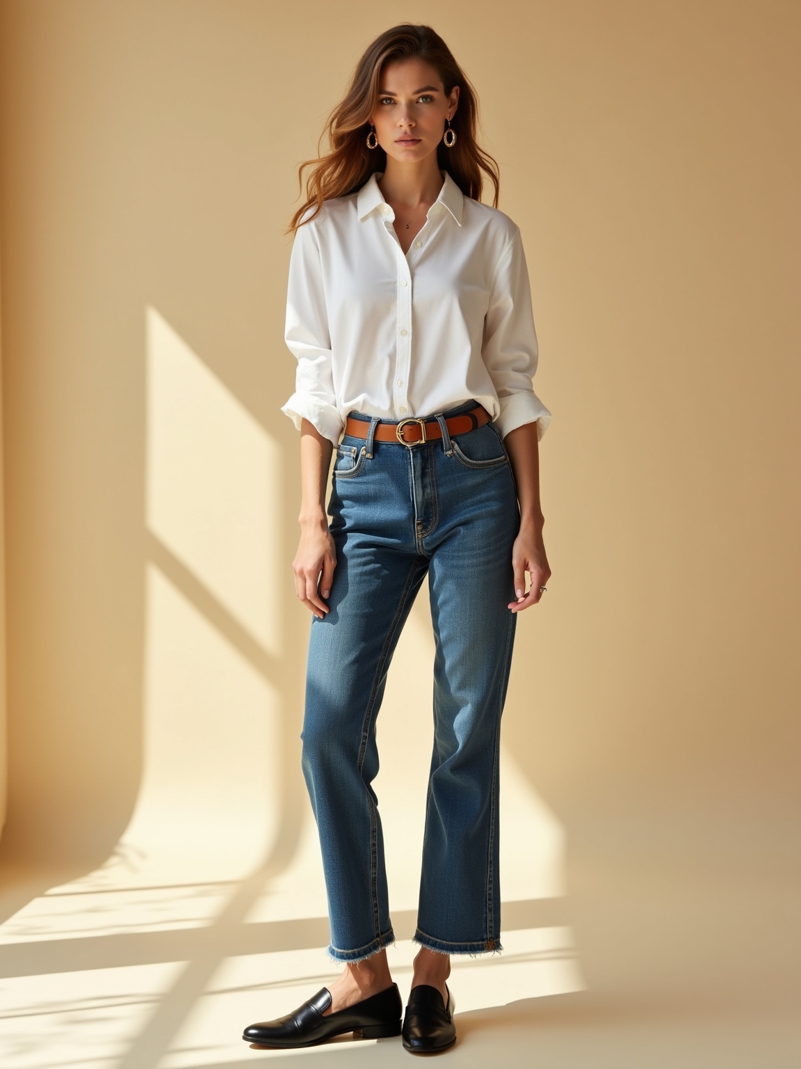 crisp shirt high rise jeans