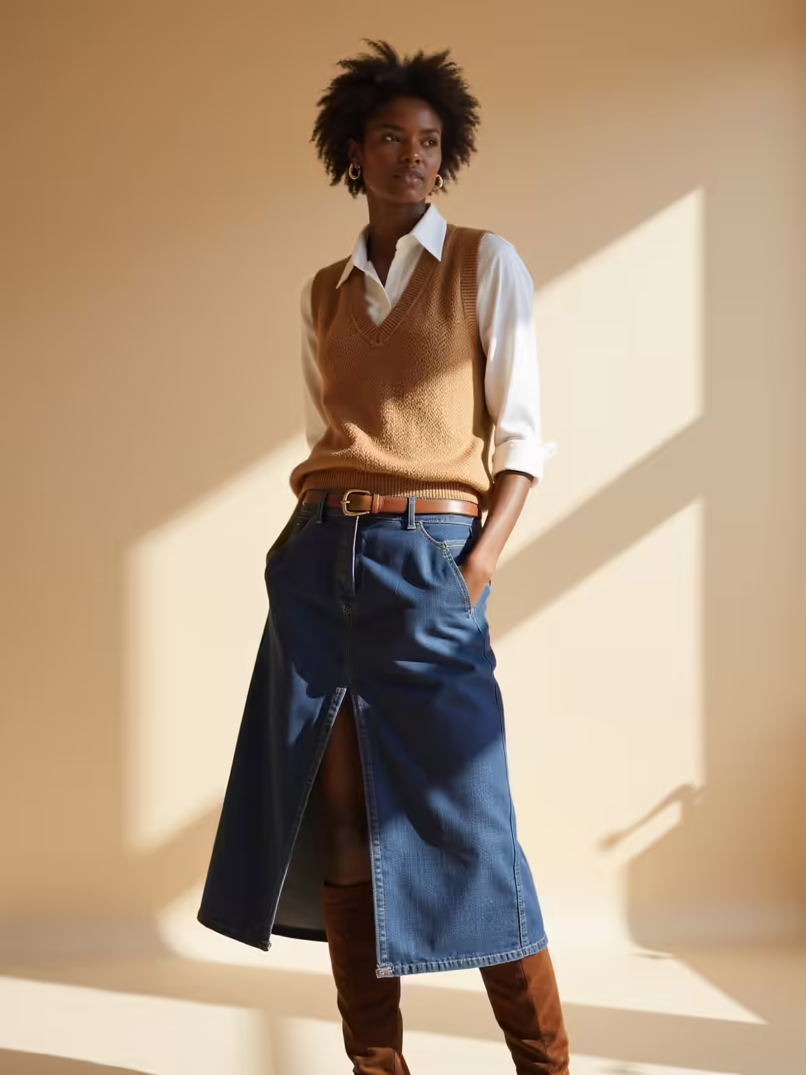 crisp shirt sweater vest denim