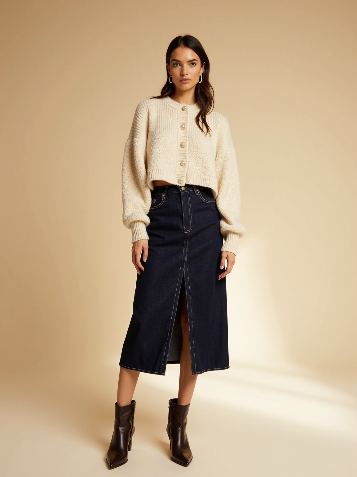 cropped cardigan with denim midi