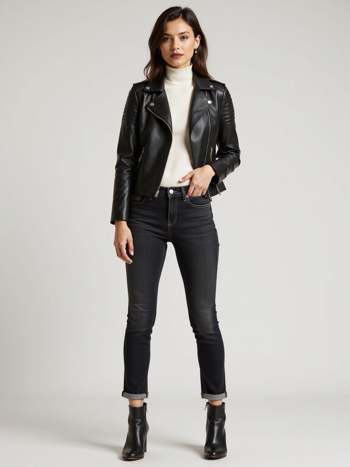cropped leather meets salt washed denim