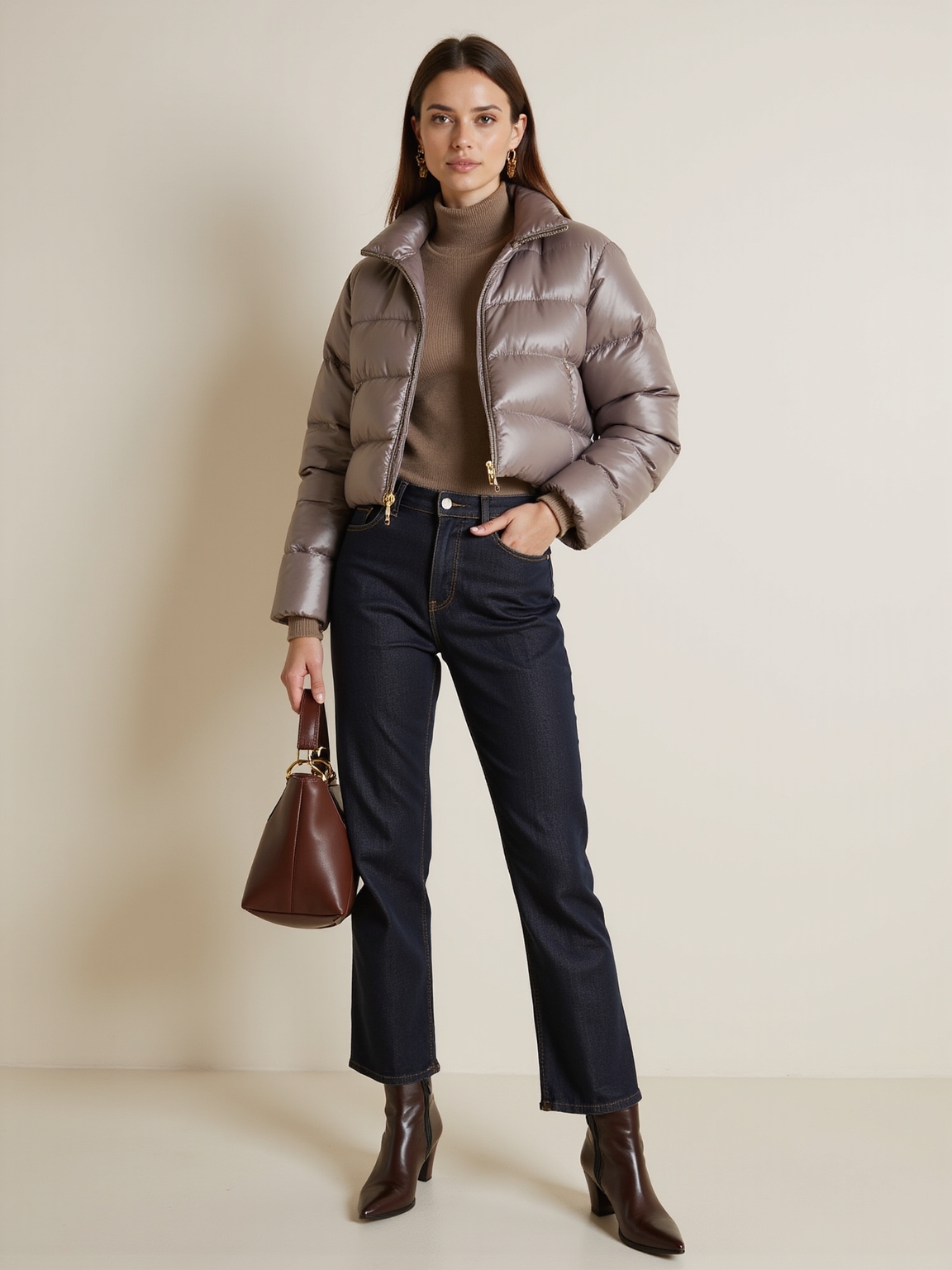 cropped puffer high rise jeans