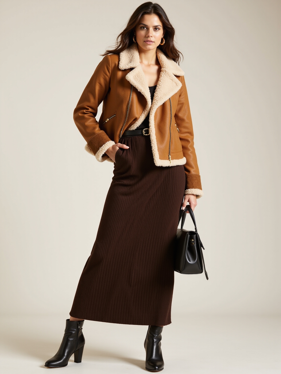 cropped shearling over ribbed maxi
