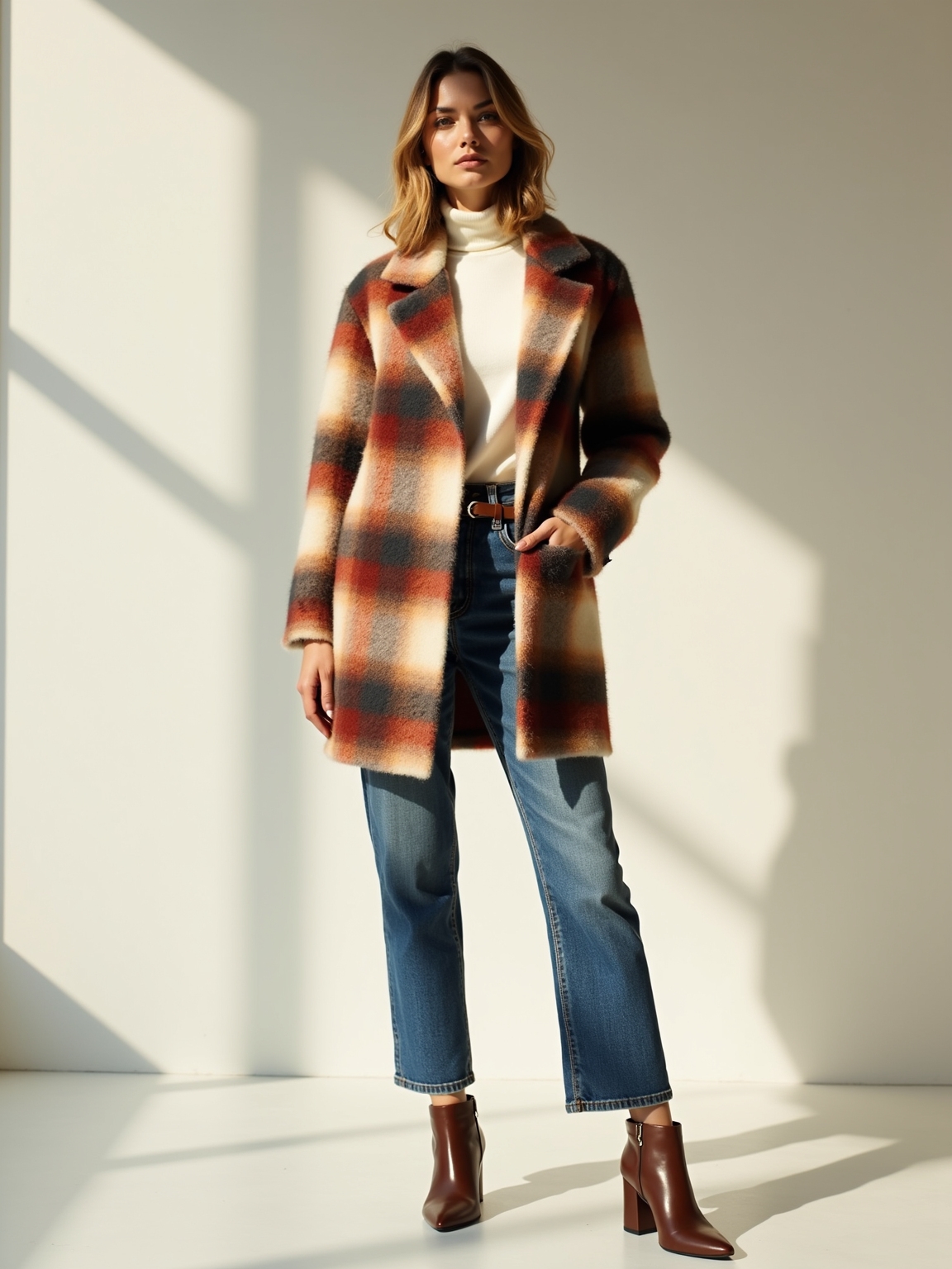 cuffed denim plaid shacket ensemble