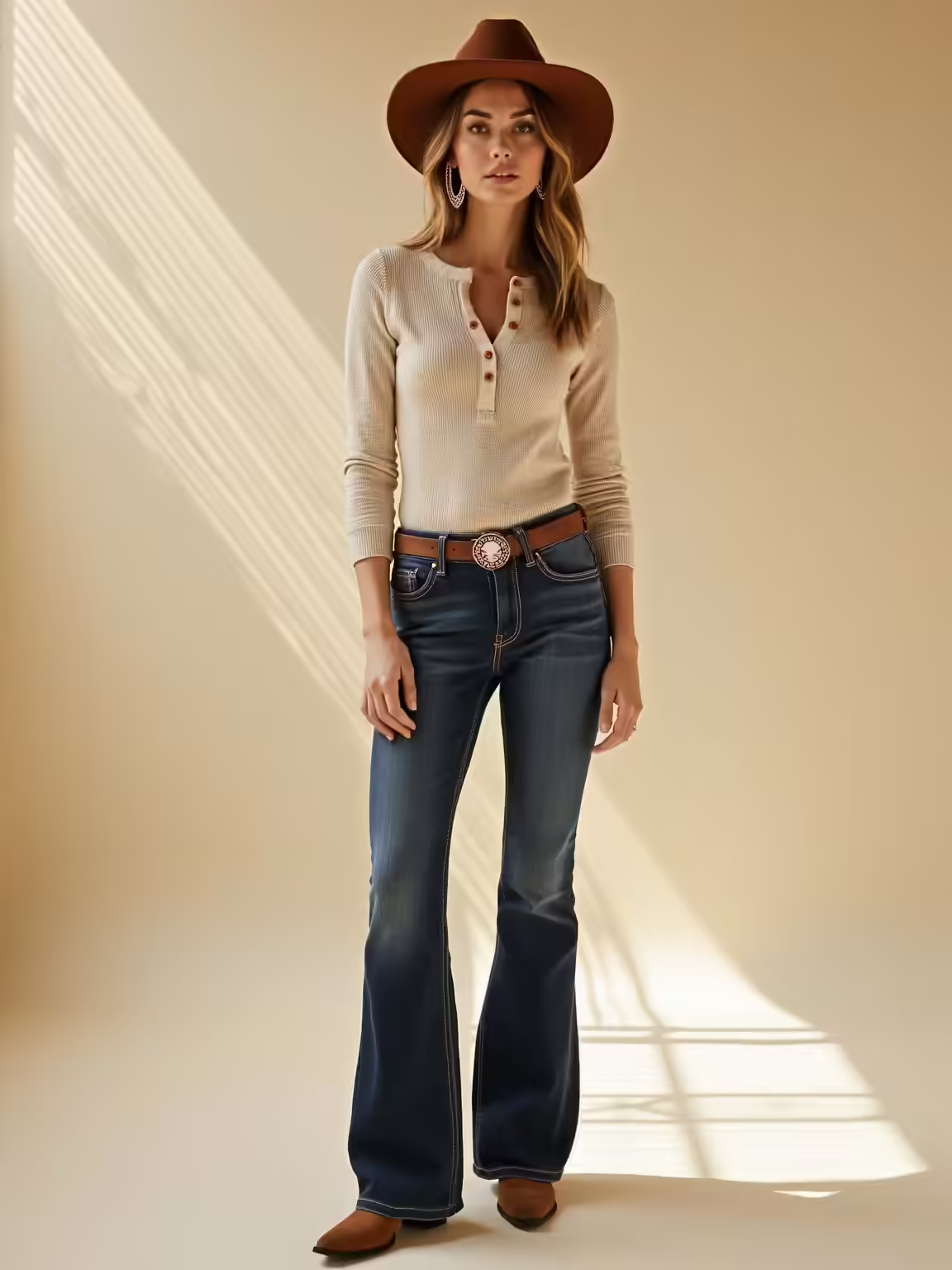 dark wash bootcut jeans ensemble