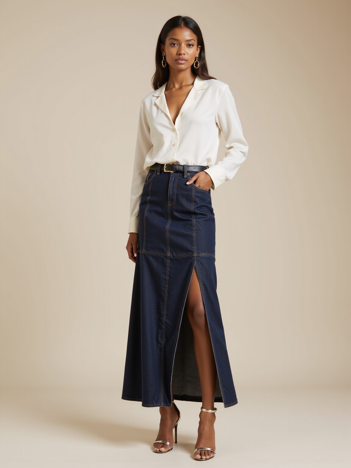 denim maxi silk blouse