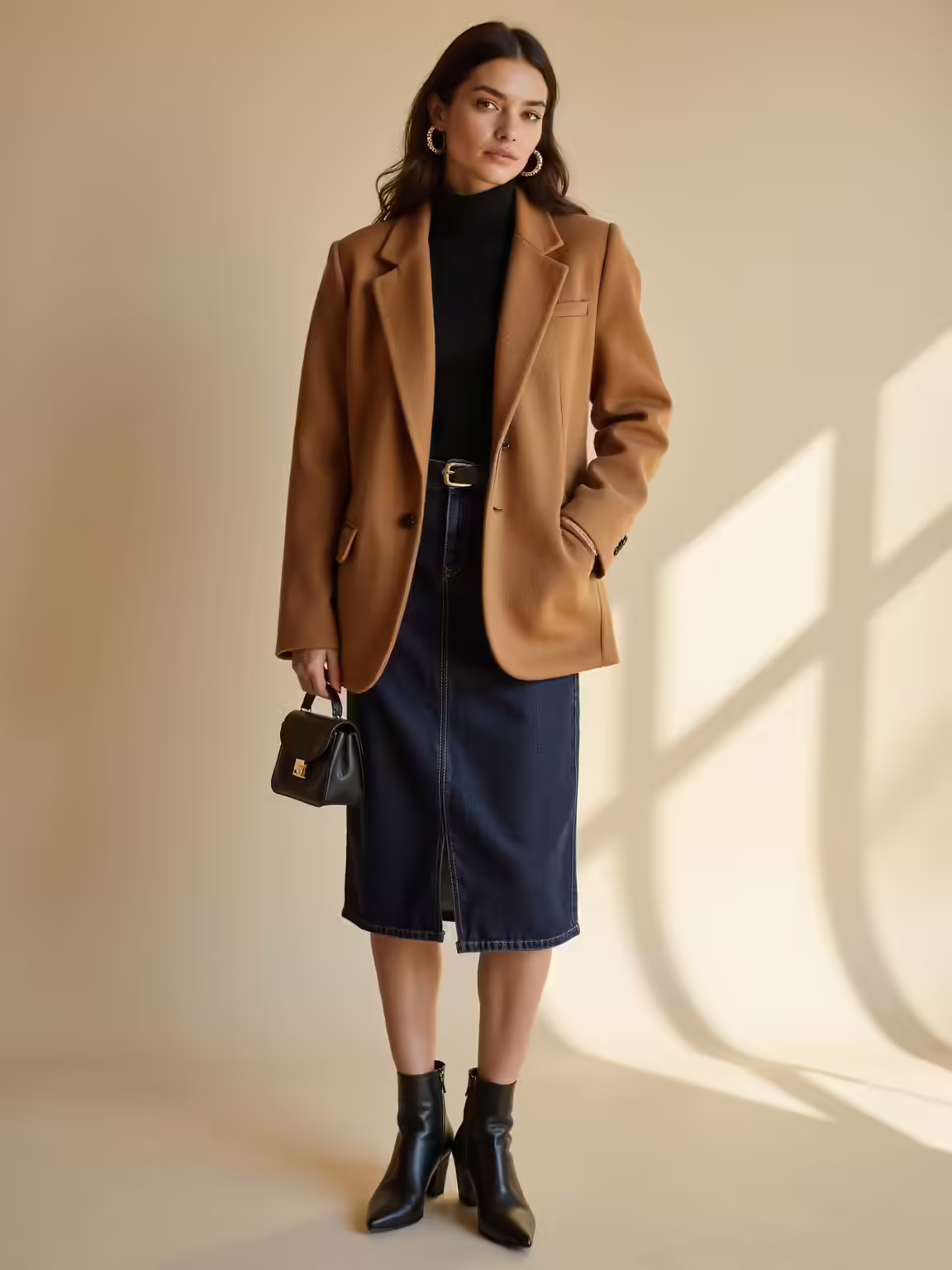 denim pencil skirt ensemble