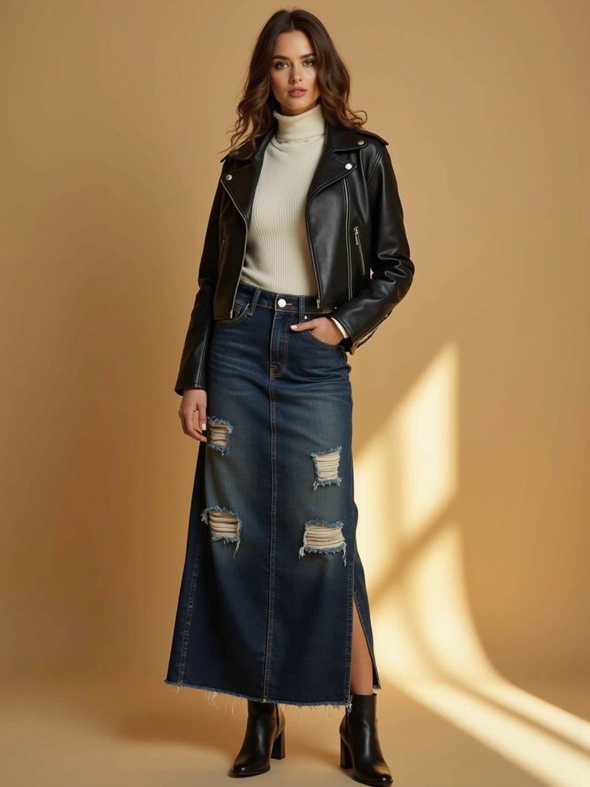 distressed denim maxi ensemble