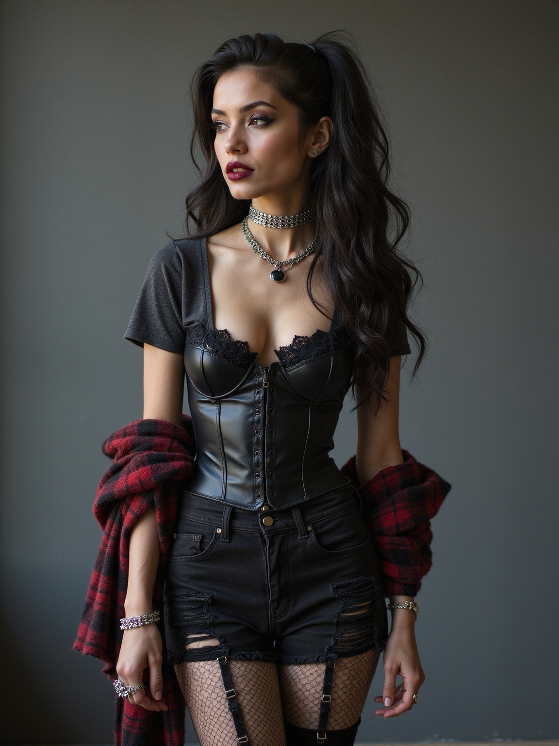 distressed fishnets under flannel