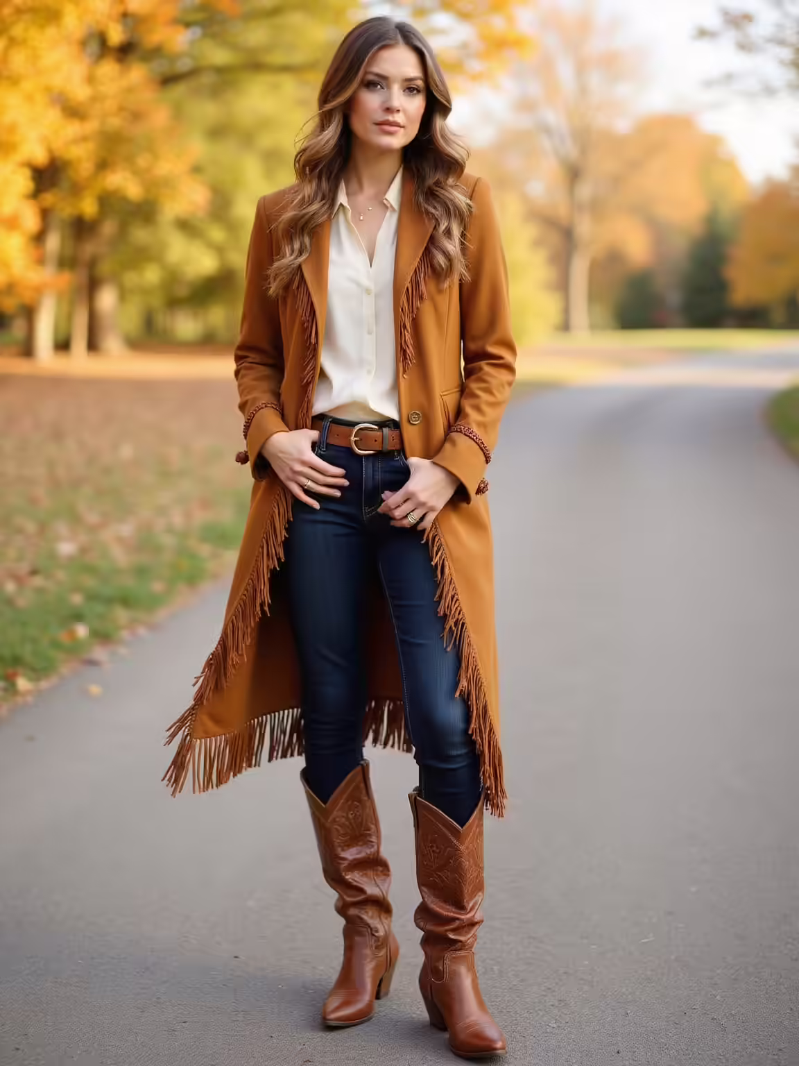 embossed leather boots fringed jacket