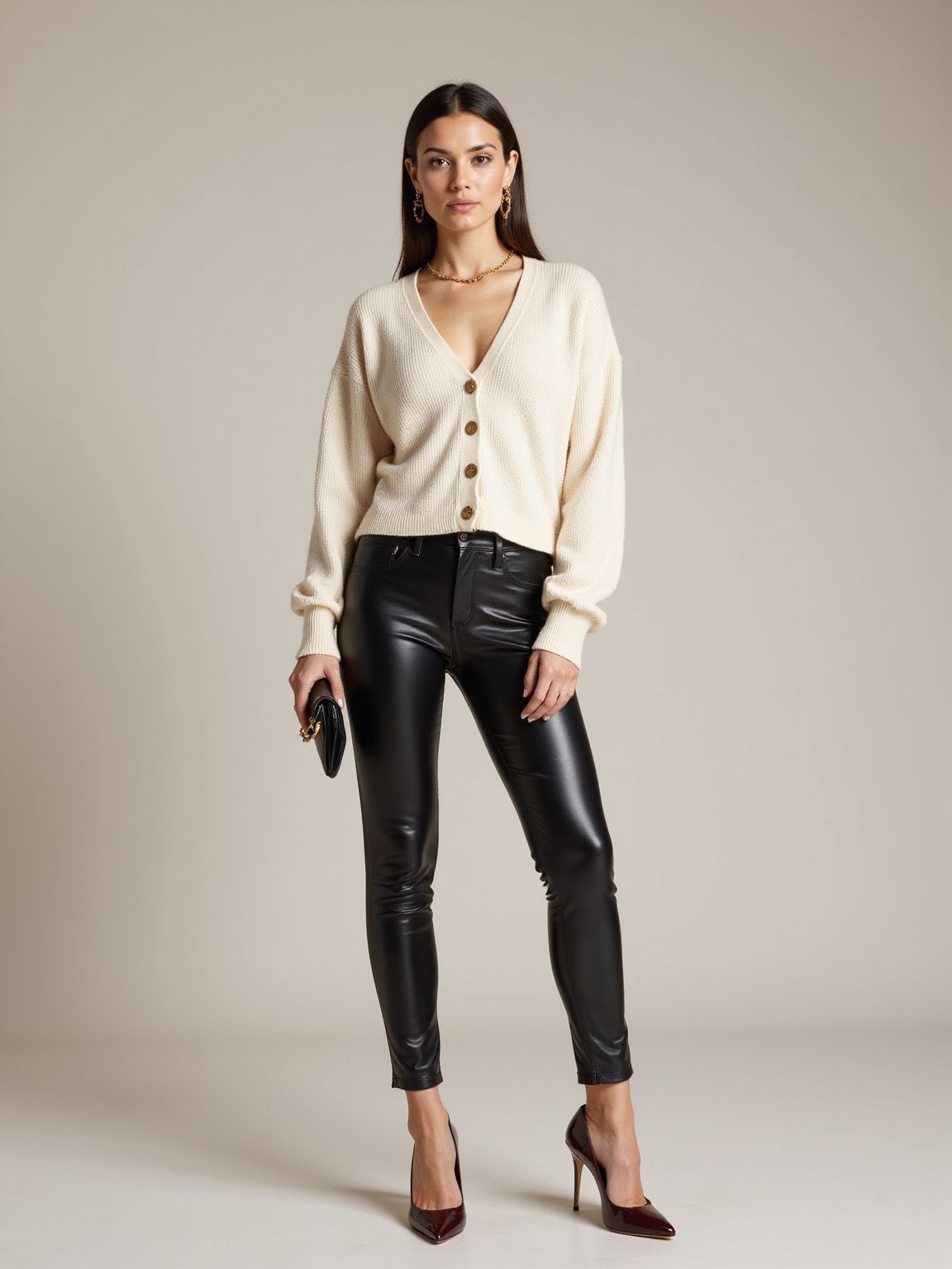 faux leather leggings cropped cardigan
