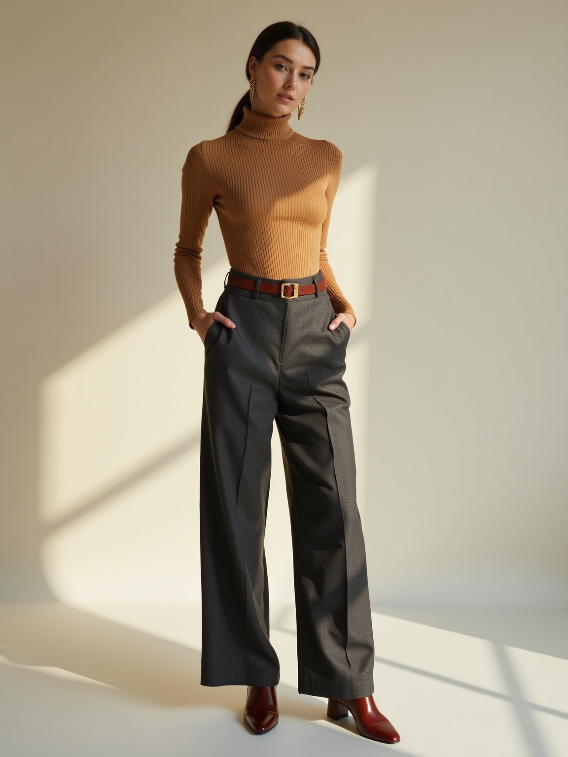 fine knit turtleneck with trousers