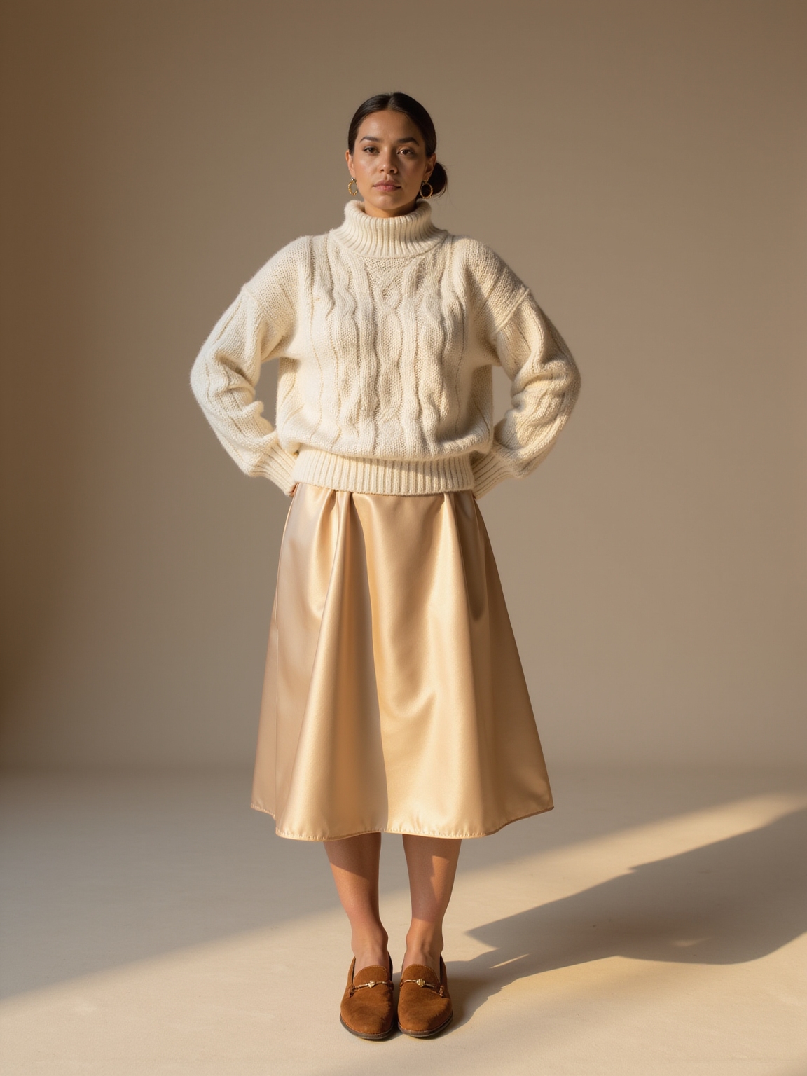 fisherman sweater with satin midi