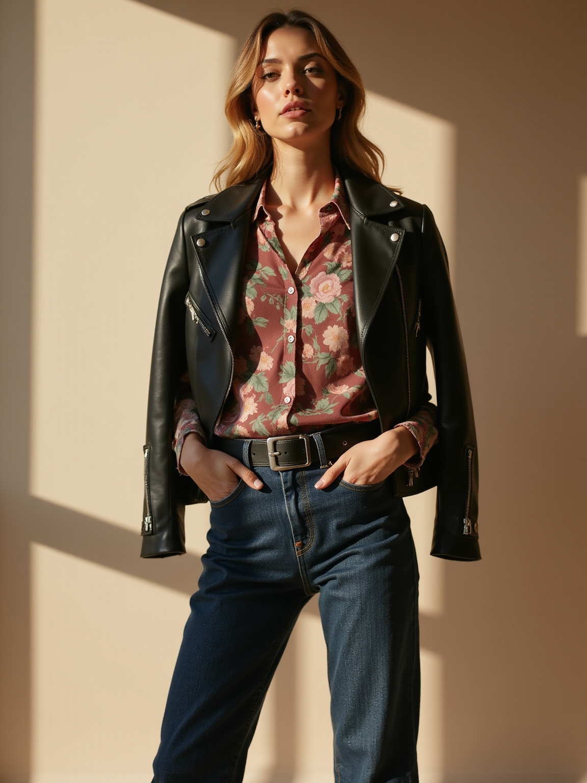 floral blouse dark moto vibe