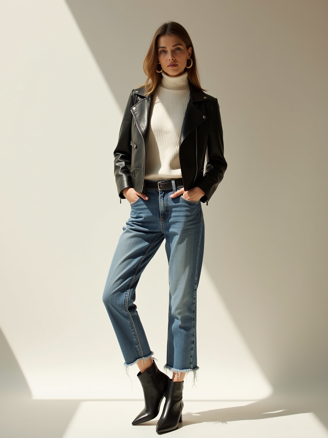 frayed jeans leather moto