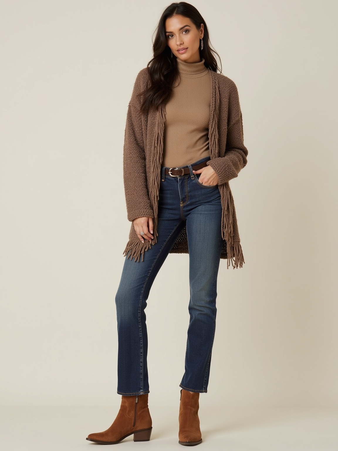 fringe cardigan high rise jeans