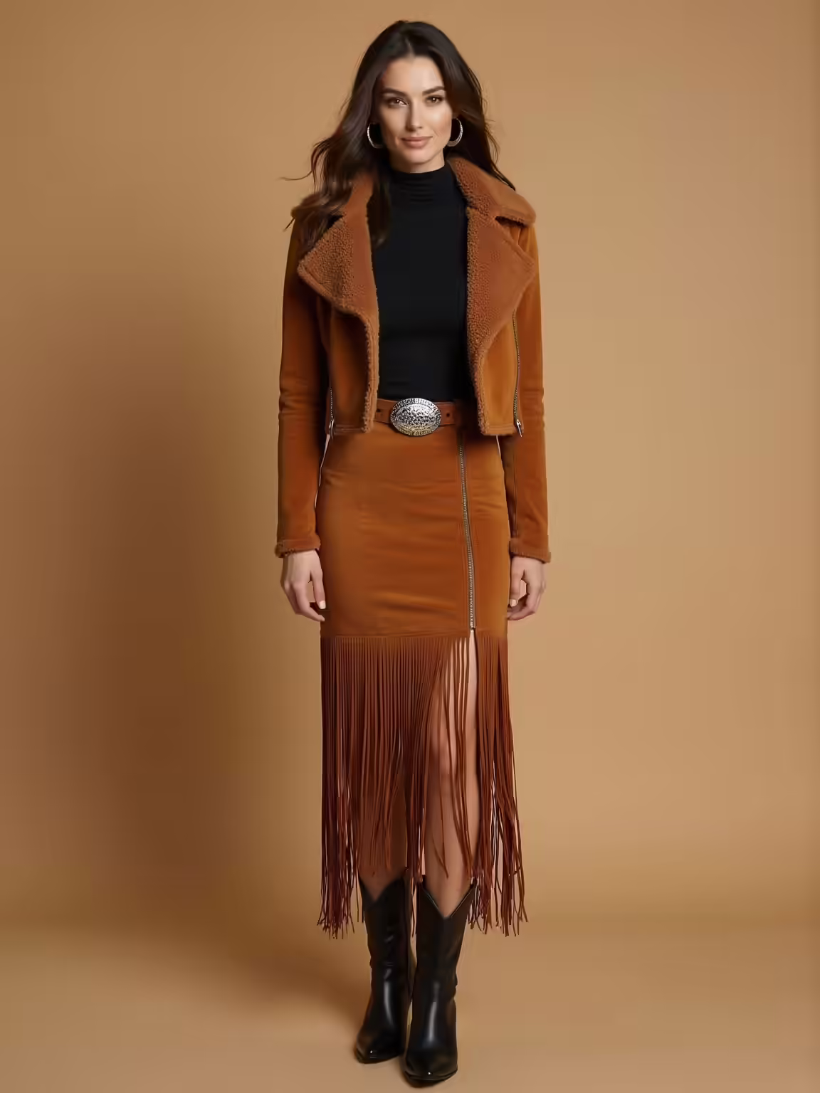 fringed skirt black cowboy boots