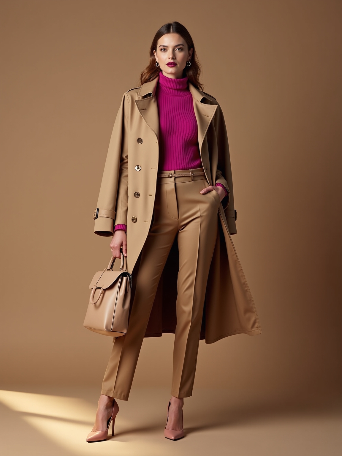 fuchsia turtleneck camel trench