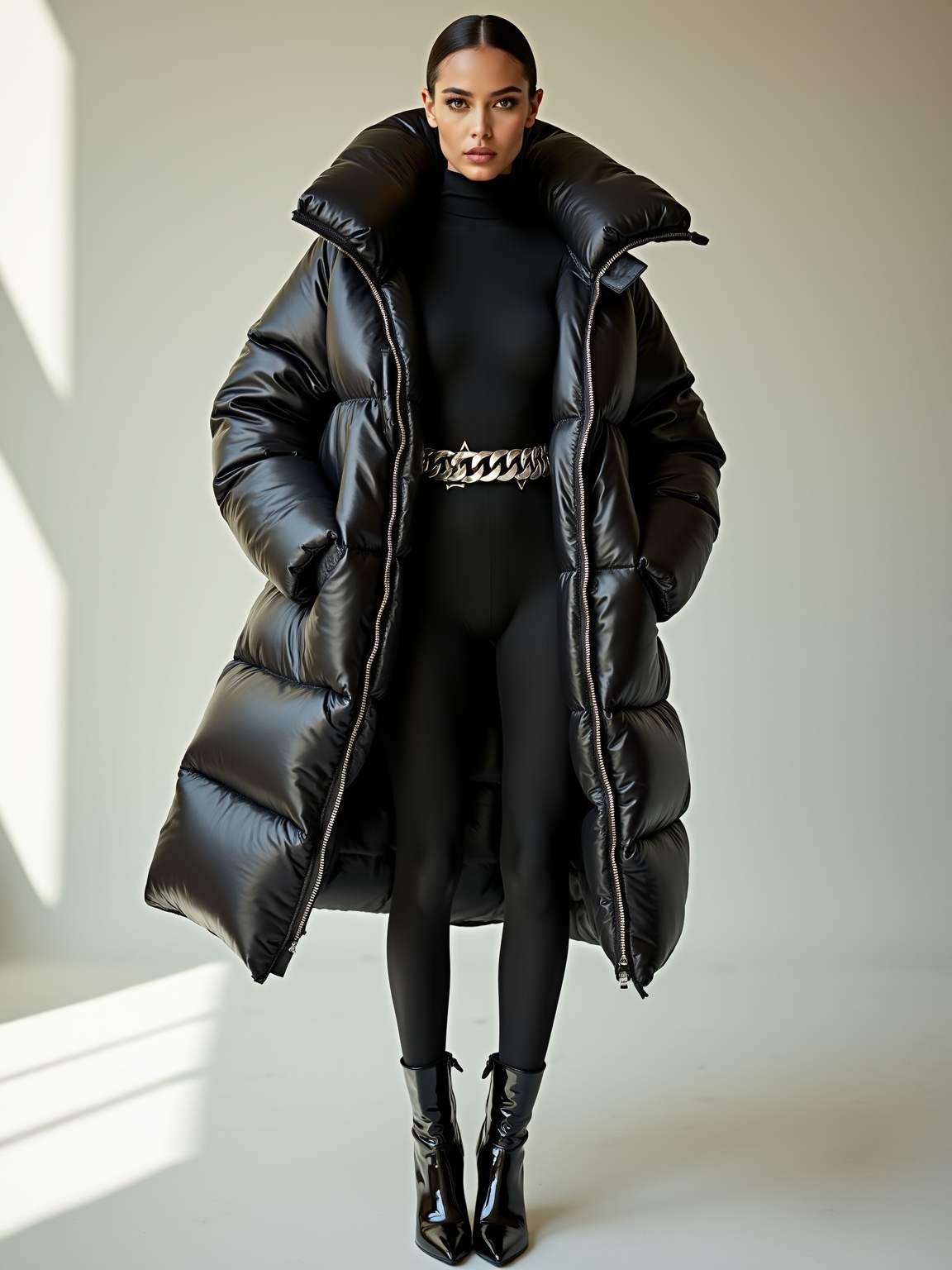 glossy catsuit oversized puffer