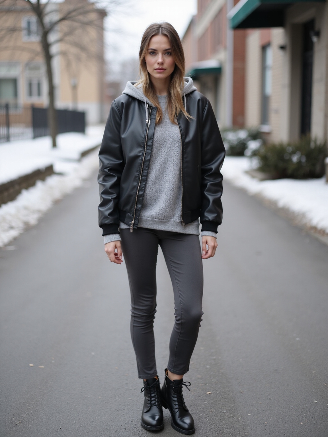 glossy leather bomber layered hoodie