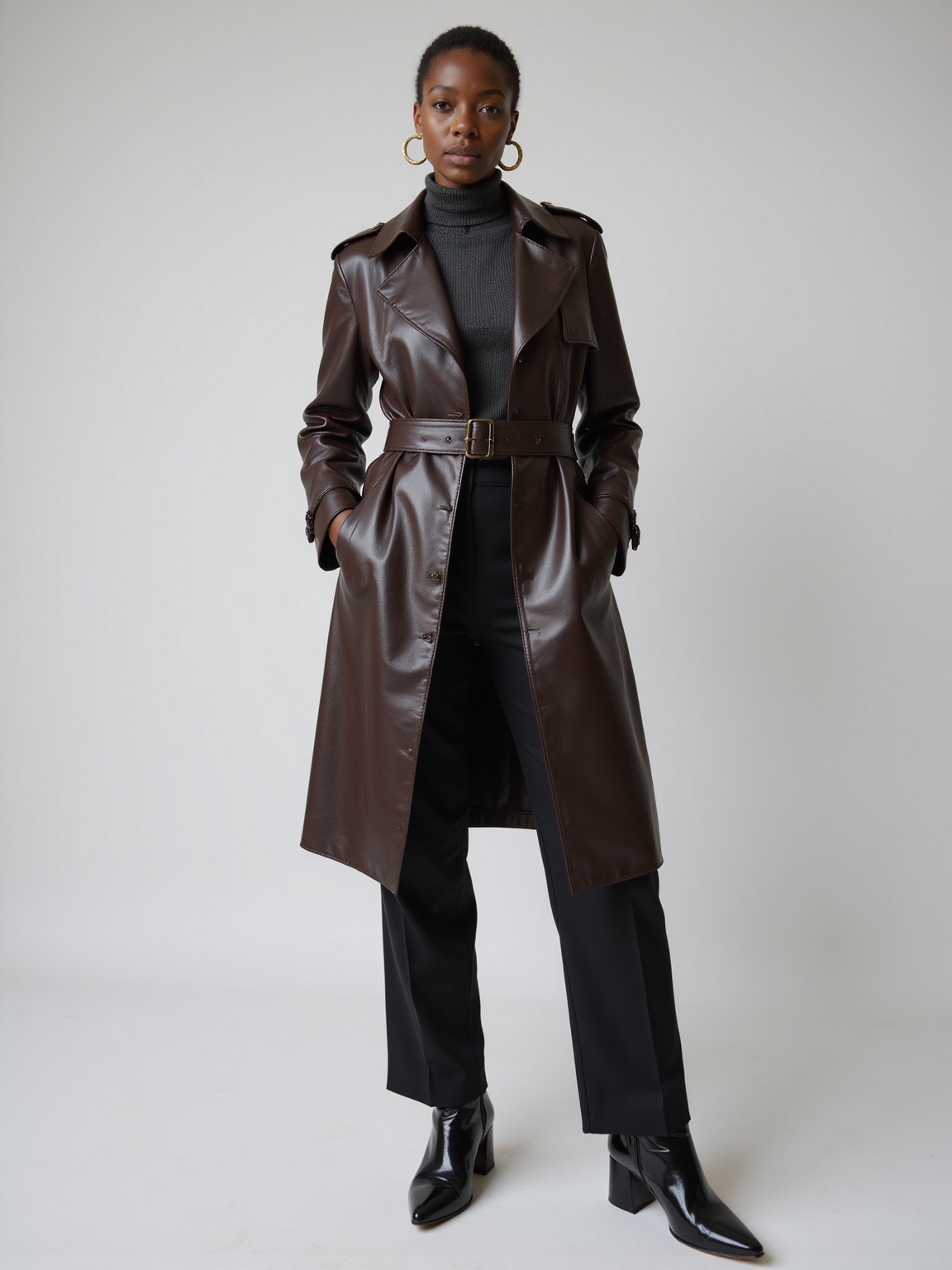 glossy leather trench ensemble